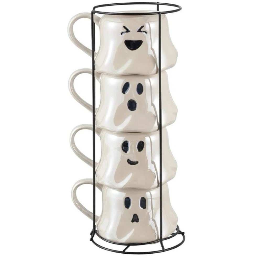 Halloween Ghost StackCeramic Mugs, 4-Pack Spooky Fall NIB Way to Celebrate